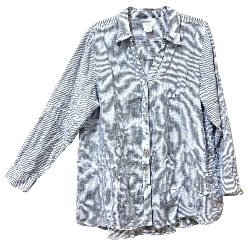 Sigrid Olsen Shirt Size 1X Plus Blue White Stripes Linen Striped Button Coastal